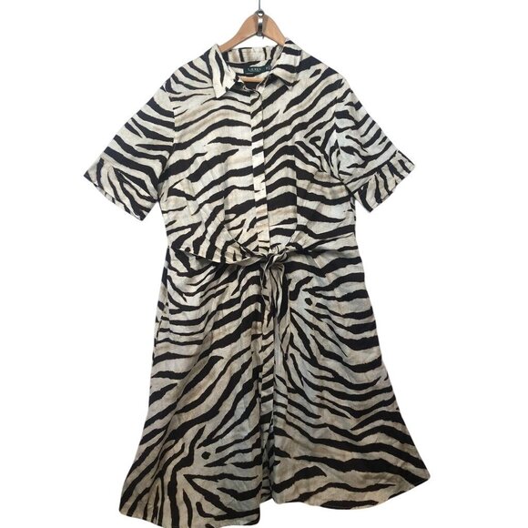 Lauren Ralph Lauren Animal Print Dress Fit & Flare Linen Shirtdress Women's 18W - Picture 3 of 11